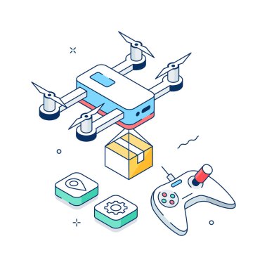 Premium izometrik fütüristik dron dağıtım çizelgesi, düzenlenebilir vektör