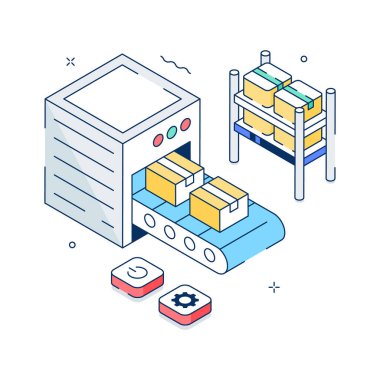 Otomatik depo lojistik sistemlerini temsil eden taşıma bandı illüstrasyonu