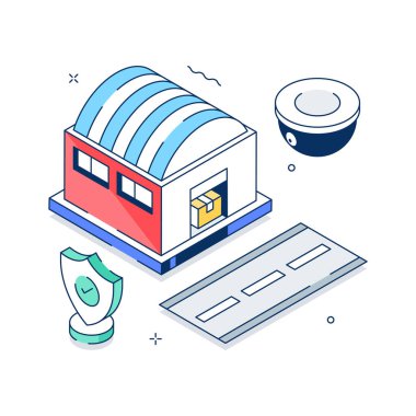 Depo güvenliğinin stilize edilmiş izometrik çizimi, premium vektör