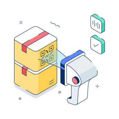 Barcode tracking and logistics verification, trendy illustration of parcel scanning