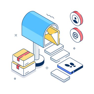 Modern izometrik posta hizmetleri illüstrasyonu, posta iletimi ve iletişim lojistiği