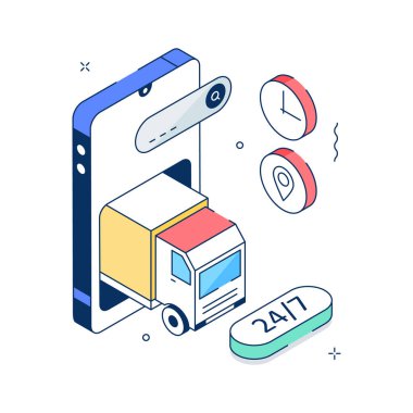 24,7 dağıtım illüstrasyonunda sürekli lojistik ve kurye hizmetleri gösteriliyor.