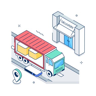Kargo kamyonunun inanılmaz bir izometrik çizimi, premium vektör