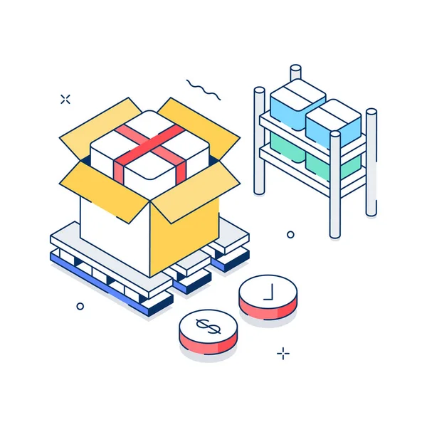 Paket illüstrasyonu ambalaj, işleme ve lojistik işlemlerini gösterir