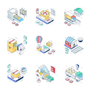 Bu lojistik ve dağıtım modayı izometrik çizimlerini kontrol et