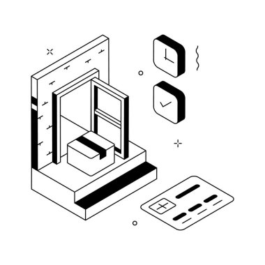 İşte kapı teslimatının modern bir izometrik çizimi, ev teslimatı konsepti