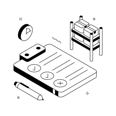 Envanter listesinin göz alıcı izometrik çizimi, düzenlenebilir vektör