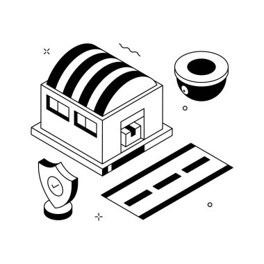 Depo güvenliğinin stilize edilmiş izometrik çizimi, premium vektör