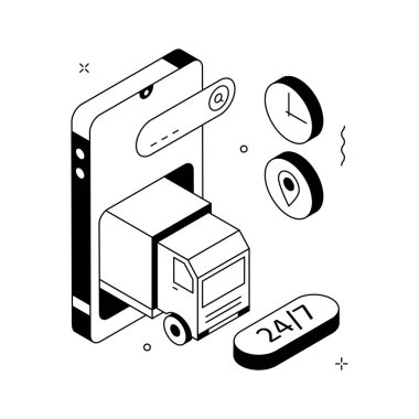 24,7 dağıtım illüstrasyonunda sürekli lojistik ve kurye hizmetleri gösteriliyor.