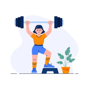 Güç antrenmanı sırasında halter kaldıran bir kadının düz çizimi