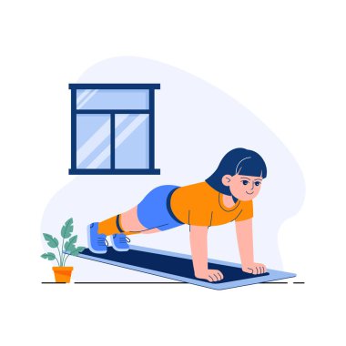 Dayanıklılık için şınav çeken bir kadının son moda düz vektör çizimi