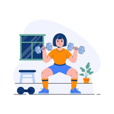 Dambıllarla çömelme egzersizi yapan bir kadının modern düz çizimi