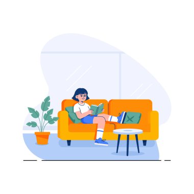 İyileşmek için idmandan sonra kanepede dinlenen bir kadının düz çizimi.