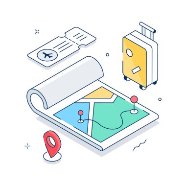 Seyahat planlama ve harita navigasyonunun bu inanılmaz izometrik çizimini yakalayın