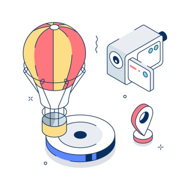 Moda bir izometrik sıcak hava balonu çizimi, seyahat ve macera