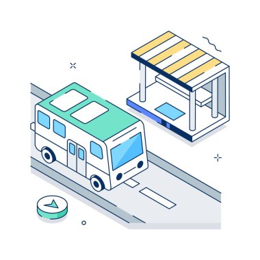 Toplu taşıma için büyüleyici bir izometrik otobüs durağı illüstrasyonu