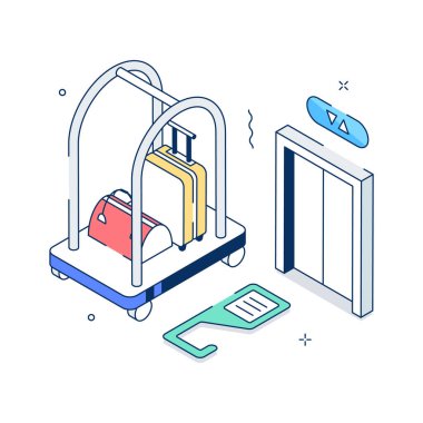 Konukseverlik ve seyahat konseptleri için bavul arabalı Isometric otel hizmetleri illüstrasyonu.