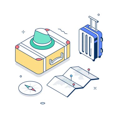 Premium izometrik seyahat ekipmanı çizimi