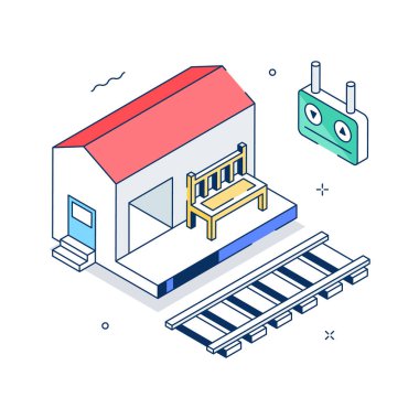 Tren yolculuğu ve ulaşım konsepti için Isometric tren istasyonu illüstrasyonu