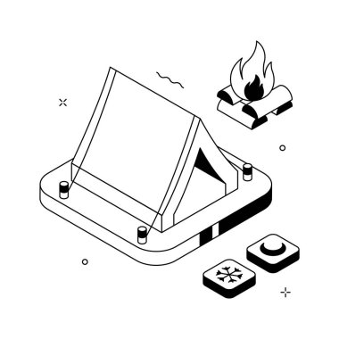 Moda tarzında kamp yapmanın büyüleyici bir izometrik çizimi