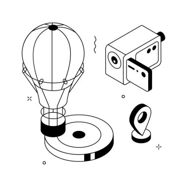 Moda bir izometrik sıcak hava balonu çizimi, seyahat ve macera