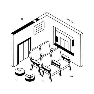 Seyahat ve ulaşım kavramları için oturma yerleri ile havalimanı bekleme alanı illüstrasyonu