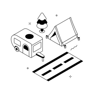 Açık hava tatili için çadırlı ve karavanlı Isome kampı illüstrasyonu
