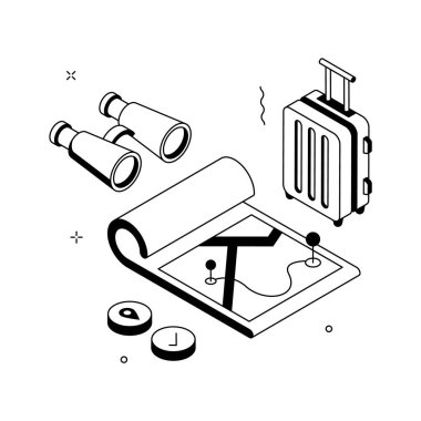 Harita, pusula ve dürbünle Isometric seyahat çizimi