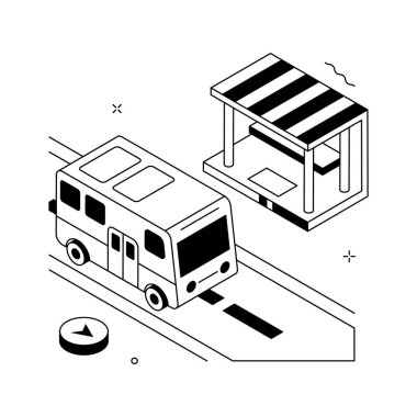 Toplu taşıma için büyüleyici bir izometrik otobüs durağı illüstrasyonu