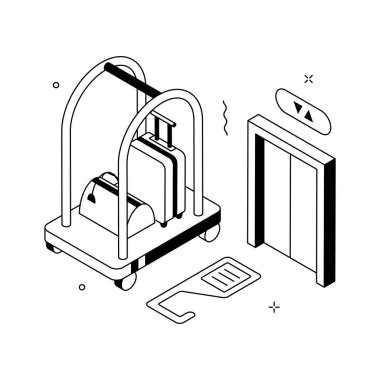 Konukseverlik ve seyahat konseptleri için bavul arabalı Isometric otel hizmetleri illüstrasyonu.