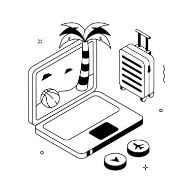 İş ve tatil kavramlarını birleştiren son moda bir izometrik bleisure seyahat illüstrasyonu