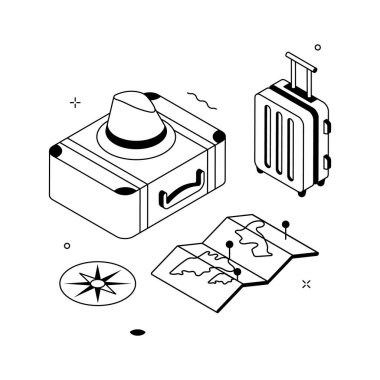 Premium izometrik seyahat ekipmanı çizimi