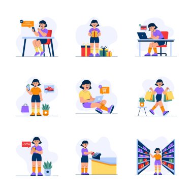 İyi tasarlanmış, düz stil çizimleri, alışveriş aktiviteleri.