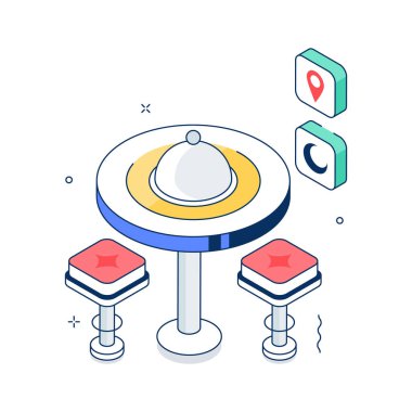 Restoran mobilyalarının temiz bir izometrik çizimi, düzenlenebilir vektör