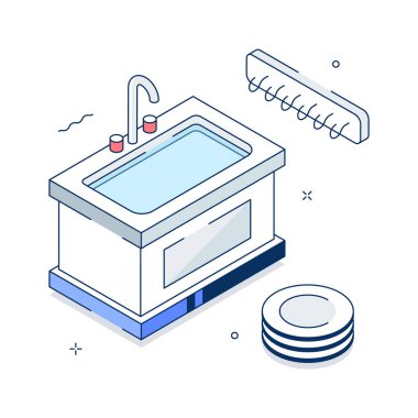 Mutfak lavabosunun iyi tasarlanmış izometrik çizimi