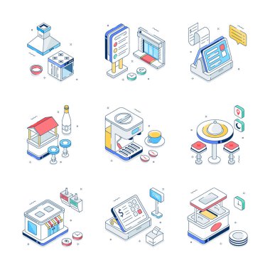 Modern tarzda restoranın son moda izometrik çizimleri