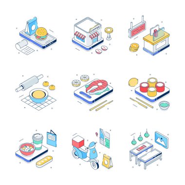 Restoran ve yiyeceğin görsel olarak ilgi çekici bir izometrik çizimi
