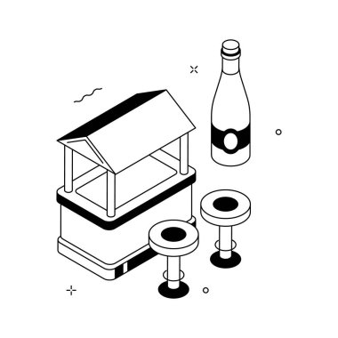 Birinci sınıf bir izometrik illüstrasyon şarap barı kurulumu