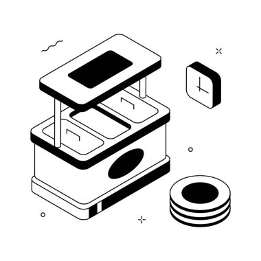 Büfe hizmet alanının modern bir izometrik çizimi, kullanıma hazır