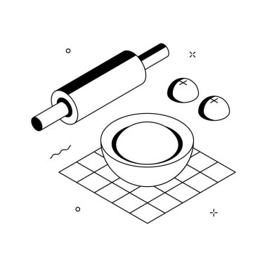 Yuvarlanan iğne mutfak aletinin basit bir izometrik çizimi