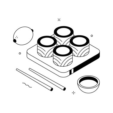 Suşi yemek takımının görsel olarak çekici bir izometrik çizimi