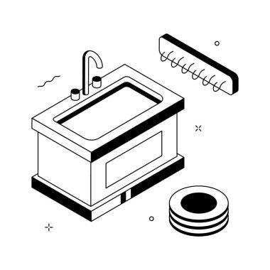 Mutfak lavabosunun iyi tasarlanmış izometrik çizimi
