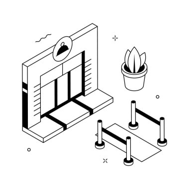 Restoran girişinin görsel olarak çekici bir izometrik çizimi