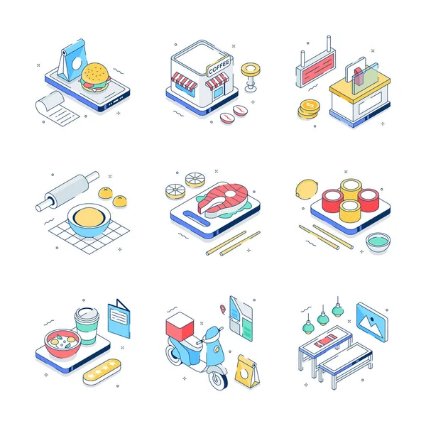 Restoran ve yiyeceğin görsel olarak ilgi çekici bir izometrik çizimi