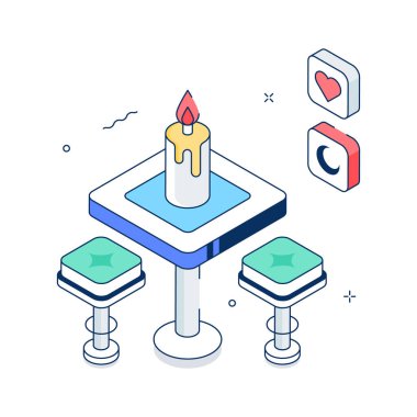 Premium tasarım kullanımı için romantik akşam yemeği konseptinin modern izometrik çizimi