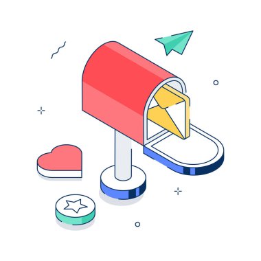 Romantik mesaj kavramları için aşk posta kutusunun izometrik illüstrasyonu görsel olarak bağlanıyor