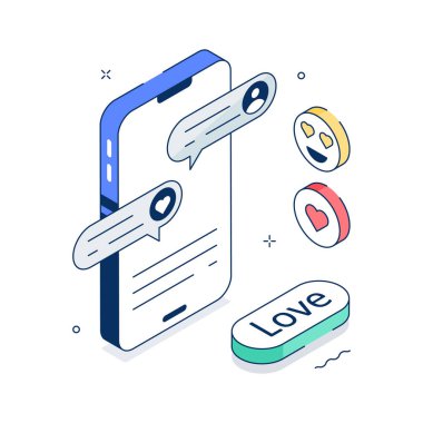 Dijital romantizm temaları için aşk sohbetinin modern izometrik çizimi