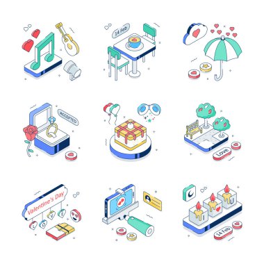 Romantik yaşam tarzının izometrik çizgili çizimlerine bir bakın.