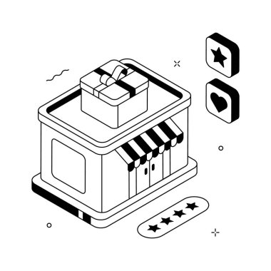 Perakende ve şenlik konseptleri için hediyelik eşya dükkanının iyi hazırlanmış izometrik çizimi