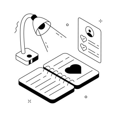 Samimi romantizm sahneleri için aşk kitabı okumanın izah edici bir çizimi